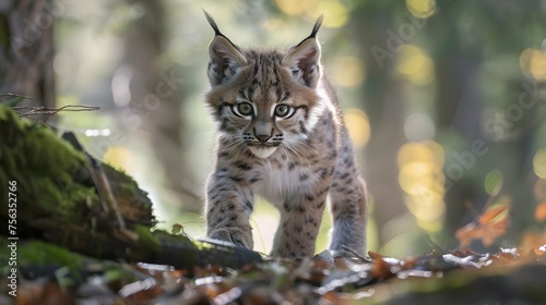 Close-up of a beautiful eurasian lynx cub walking in the forest 