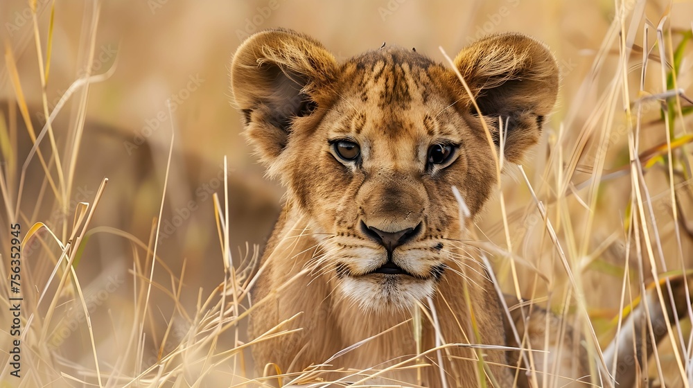 Close-up of lion cub (Panthera leo) in dry grass; Kenya Close-up of lion cub (Panthera leo) in dry grass; Kenya