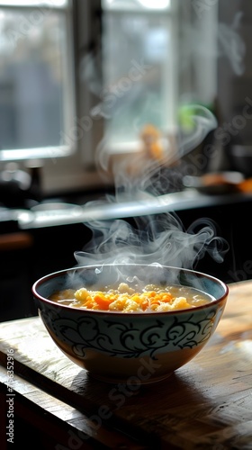 A bowl of soup is sitting on a wooden table, with steam rising from it