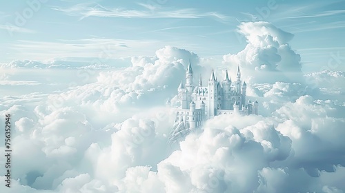 a majestic castle nestled amidst billowing clouds, all bathed in a serene white hue.