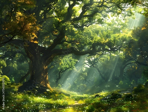 A forest with sunlight shining through the trees