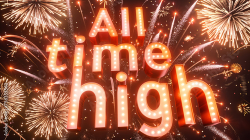 All Time High sign with fireworks, Bitcoin BTC crypto ATH celebration. Cryptocurrency reaches the highest price on the market ever and hits the new value record photo