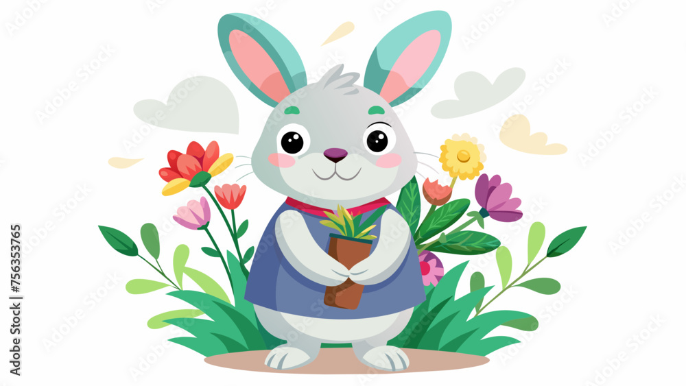 Easter Bunny Delight Charming Rabbit Holding a Blossoming Flower - Vector Illustration