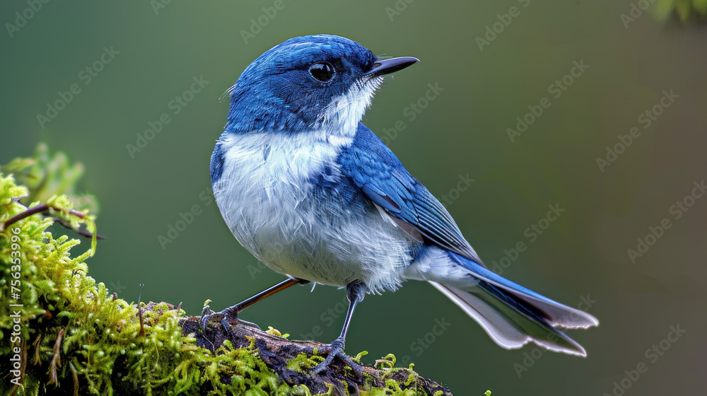 Cute Blue Bird Rests on Mossy Perch with Far Blur Green Backdrop Cute Blue Bird Rests on Mossy Perch with Far Blur Green Backdrop