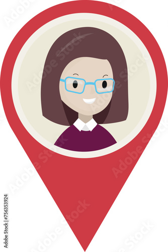 Cute woman cartoon character in map pointer marker pin, graphic design no background 