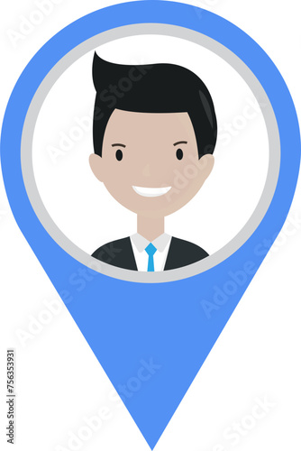 Man cartoon character in map pointer marker pin, graphic design no background 