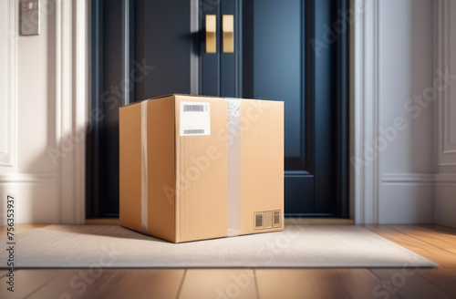 Package is in the form of a cardboard box on a mat near the front door. Contactless delivery. © 7707601