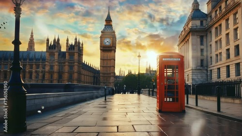 Red telephone box in London with Big Ben in the background. Seamless looping 4k video animation. photo