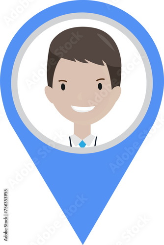 Cute male cartoon character in map pointer marker pin, graphic design no background 