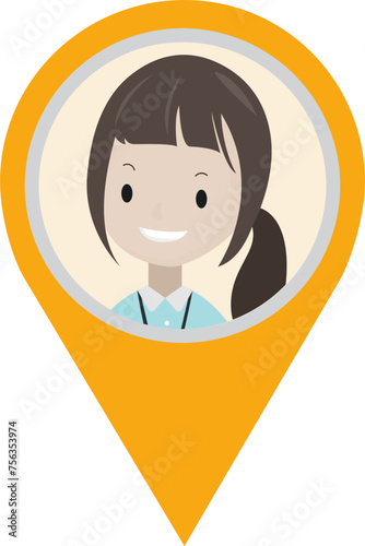 Cute female cartoon character in map pointer marker pin, graphic design no background 