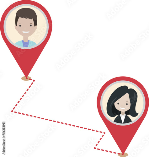 Direction line and map pointer marker pins with man and woman cartoon character design, no background