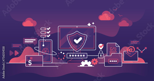 Cyber data security with secure online file protection outline concept. Login system for safe personal information storage vector illustration. Antivirus safety with firewall shield to avoid hackers.