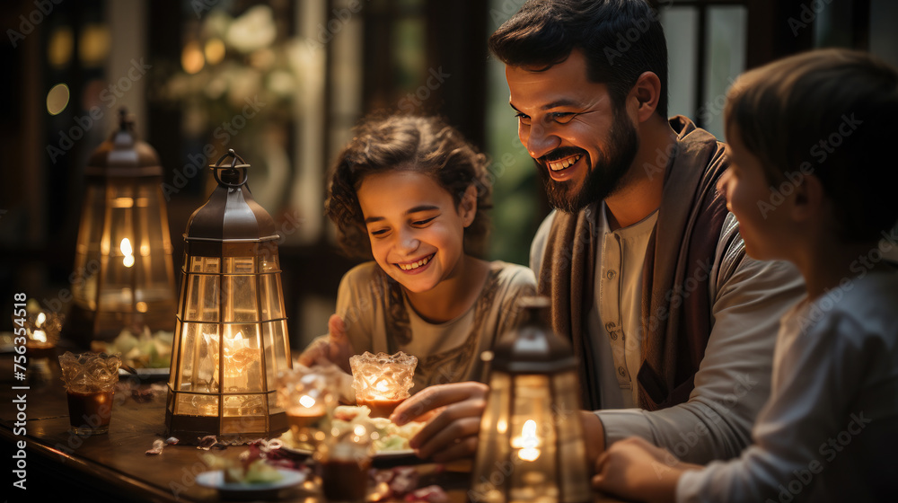 Happy Muslim family eat together at home at table with national dishes on the table, sweets and desserts. Holidays Ramadan, Eid al Adha, Eid Mubarak . Family dressed in national clothes