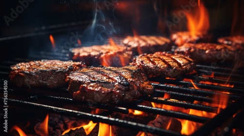 Close-up shot of sizzling meat on grill with flames, creating aromatic and inviting ambiance