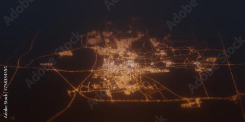 Street lights map of Hofuf (Saudi Arabia) with tilt-shift effect, view from south. Imitation of macro shot with blurred background. 3d render, selective focus photo