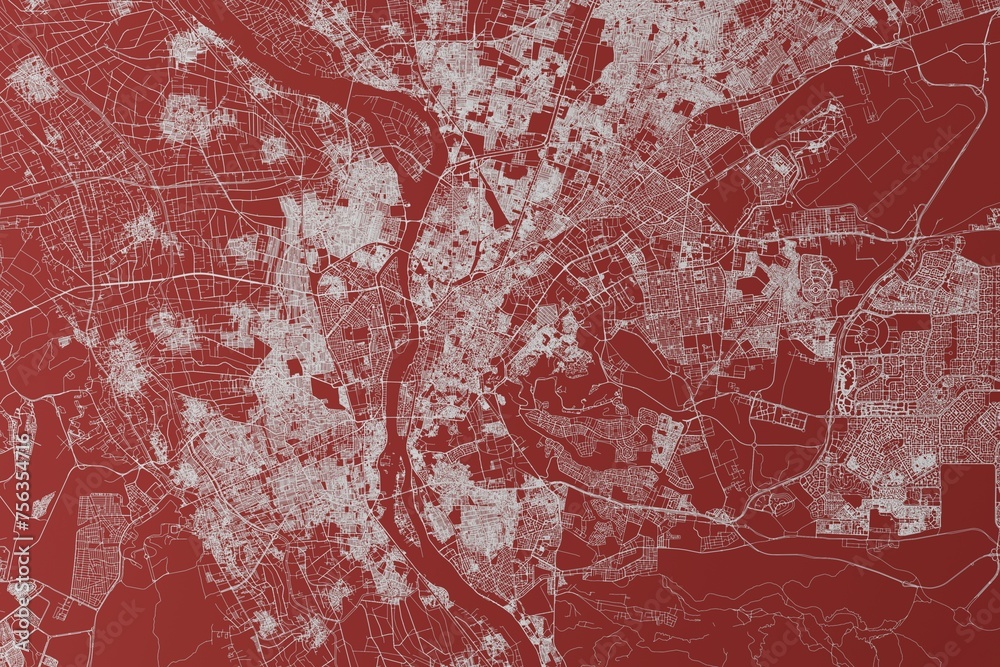 Map of the streets of Cairo (Egypt) made with white lines on red background. Top view. 3d render, illustration - obrazy, fototapety, plakaty 