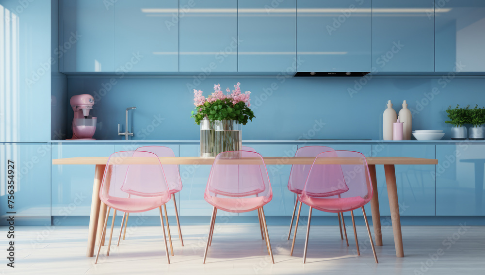 Obraz premium blue kitchen with pink chairs. modern interior.