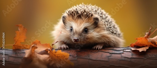 A Domesticated hedgehog with fur and whiskers is sitting on a log, surrounded by leaves. The terrestrial animal belongs to the Erinaceidae family and has sharp spines like a Striped Burrfish