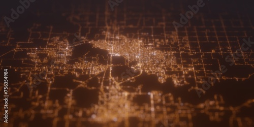 Street lights map of Lake Charles (Louisiana, USA) with tilt-shift effect, view from west. Imitation of macro shot with blurred background. 3d render, selective focus