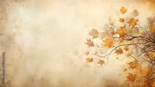 backdrop is a beige delicate background with a frame of floral ornament  warm parchment color and autumn tree branches