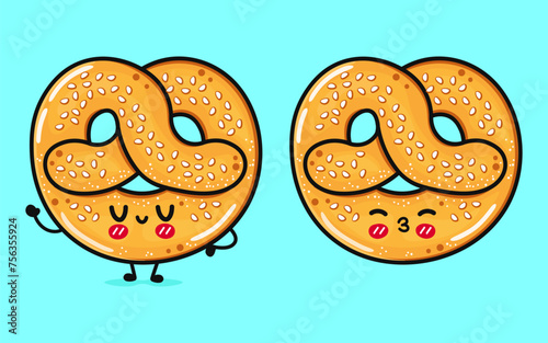 Cute funny French pretzel. Vector hand drawn cartoon kawaii character illustration icon. Isolated on blue background. French pretzel character concept