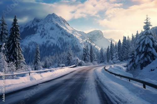 Icy Snowy road with mountain view. Winter alpine scenic landscape nature. Generate ai © juliars