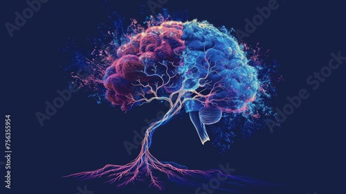 Mind-Body Connection Illustrated with Brain-Root Tree photo