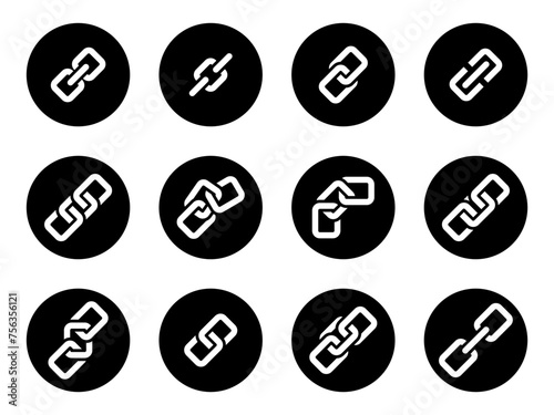 Chain link set with black circle vector isolated on white background. Link icon. Internet URL or webpage url link icons set. Link apps.