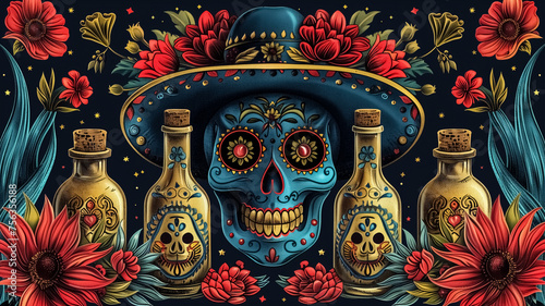 Happy Cinco De Mayo Day design, Mexicans celebrating May 5, Mexico's victory, Cinco De Mayo colorful poster background, Battle of Puebla, skull photo