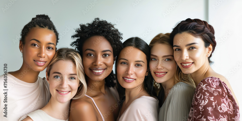 Fototapeta premium Portrait of group of multiracial women posing together against a grey background. Multiracial females standing together looking at camera and smiling. Multi-ethnic beauty. Different ethnicity women