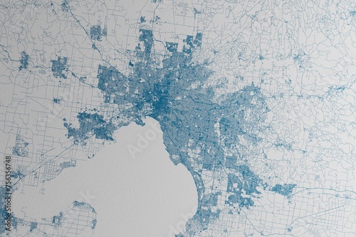 Map of the streets of Melbourne (Australia) made with blue lines on white paper. 3d render, illustration