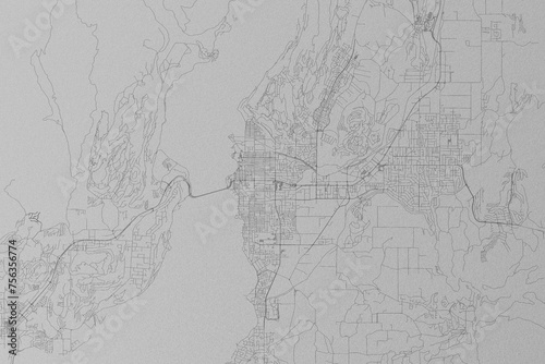 Map of the streets of Kelowna (Canada) made with black lines on grey paper. Top view. 3d render, illustration