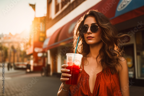 A girl drinking a soft drink from a glass while walking sightseeing in the cityA girl drinking a soft drink from a glass with a recycled straw while walking sightseeing in the city