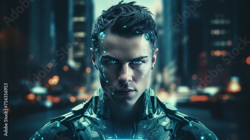 Futuristic cyborg man portrait standing against blurred urban backdrop with copy space for text