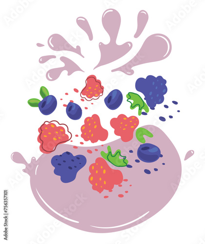 Ripe blackberries, blueberries and raspberries with splashes of juice. Vector illustration of organic fruit juice. Eco label concept for natural blackberries, blueberries and raspberries flavor. 