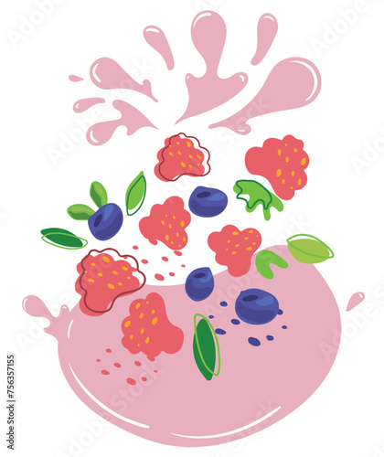Ripe blueberries and raspberries with splashes of juice. Vector illustration of organic fruit juice. Eco label concept for natural blueberries and raspberries flavor. Design of vape, juice, smoothie.