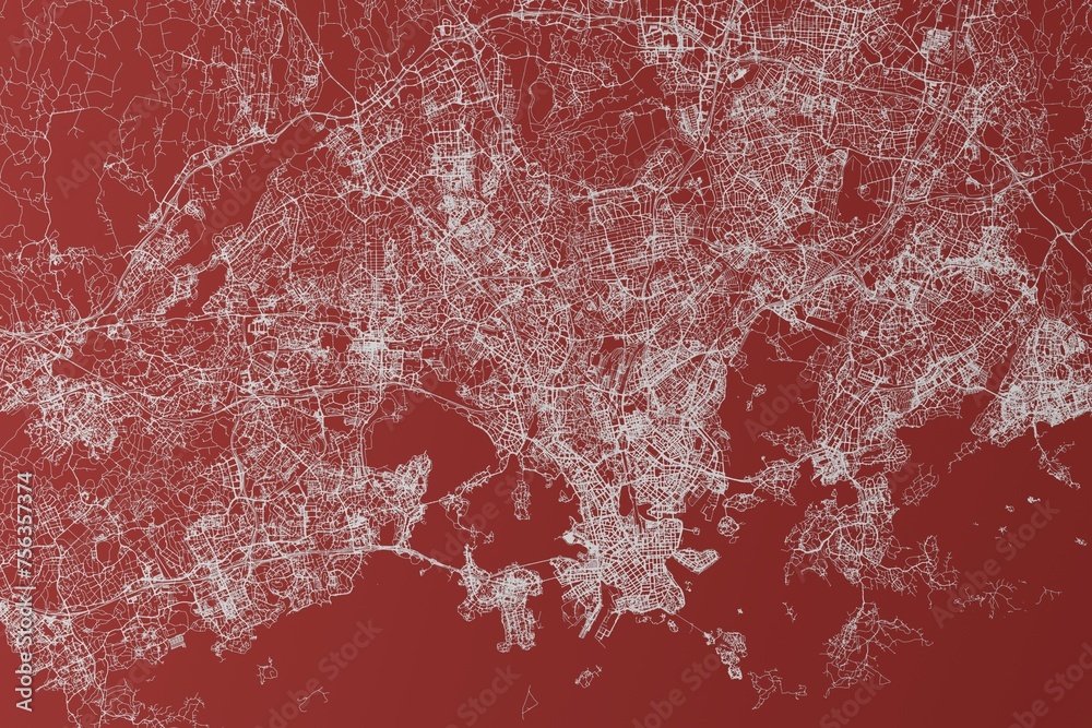 Map of the streets of Helsinki (Finland) made with white lines on red background. Top view. 3d render, illustration - obrazy, fototapety, plakaty 