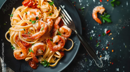 Italian pasta fettuccine in a creamy sauce with shrimp on a plate on dark background  top view. Copy space. Healthy whole grain linguine with shrimps  cherry tomatoes  fresh Parmesan cheese  parsley