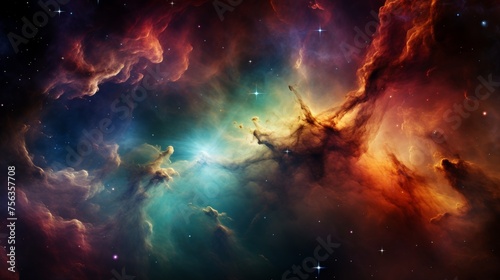 Abstract macro shot of colorful space nebula and cloud in cosmos, galactic universe background photo