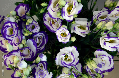 White and purple lisianthus. White and purple eustoma bouquet.