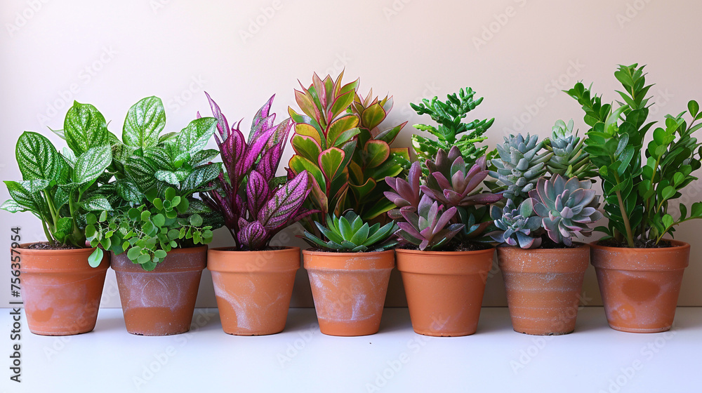 A collection of assorted potted houseplants, each one distinct in shape and size, arranged neatly on a clean white surface.
