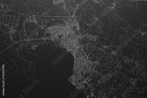 Street map of Thessaloniki (Greece) on black paper with light coming from top