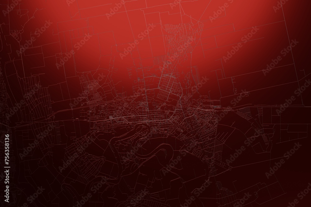 Street map of Tiraspol (Moldova) engraved on red metal background. Light is coming from top. 3d render, illustration