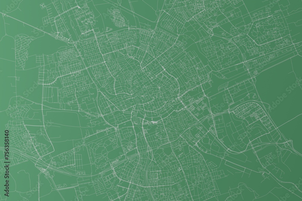 Stylized map of the streets of Groningen (Netherlands) made with white lines on green background. Top view. 3d render, illustration