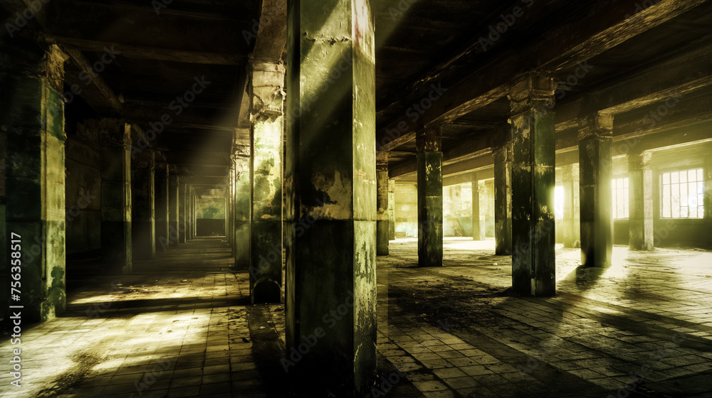 Sunlit derelict factory interior.