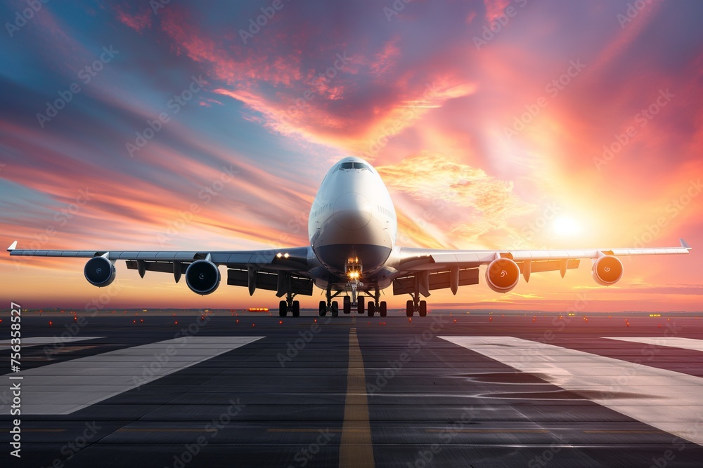 passenger plane, plane lands on the airport runway in beautiful sunset light - obrazy, fototapety, plakaty 
