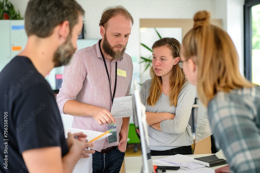Teamwork in the office: Colleagues working together on a project, discussing ideas and sharing their expertise Teamwork in the office: Colleagues working together on a project, discussing ideas and sharing their expertise