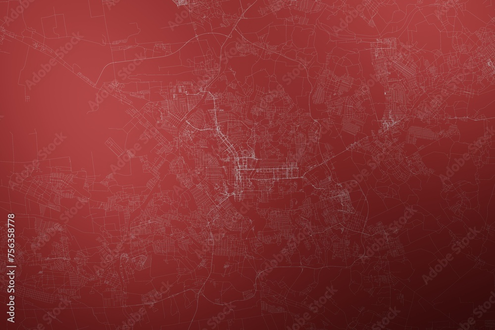 Map of the streets of Donetsk (Ukraine) made with white lines on abstract red background lit by two lights. Top view. 3d render, illustration - obrazy, fototapety, plakaty 