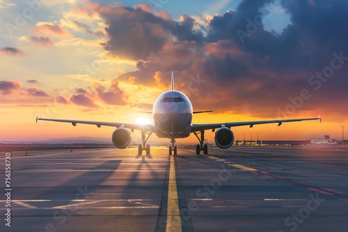 passenger plane, plane lands on the airport runway in beautiful sunset light