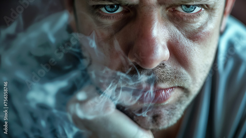 Intense man exhaling a cloud of smoke.